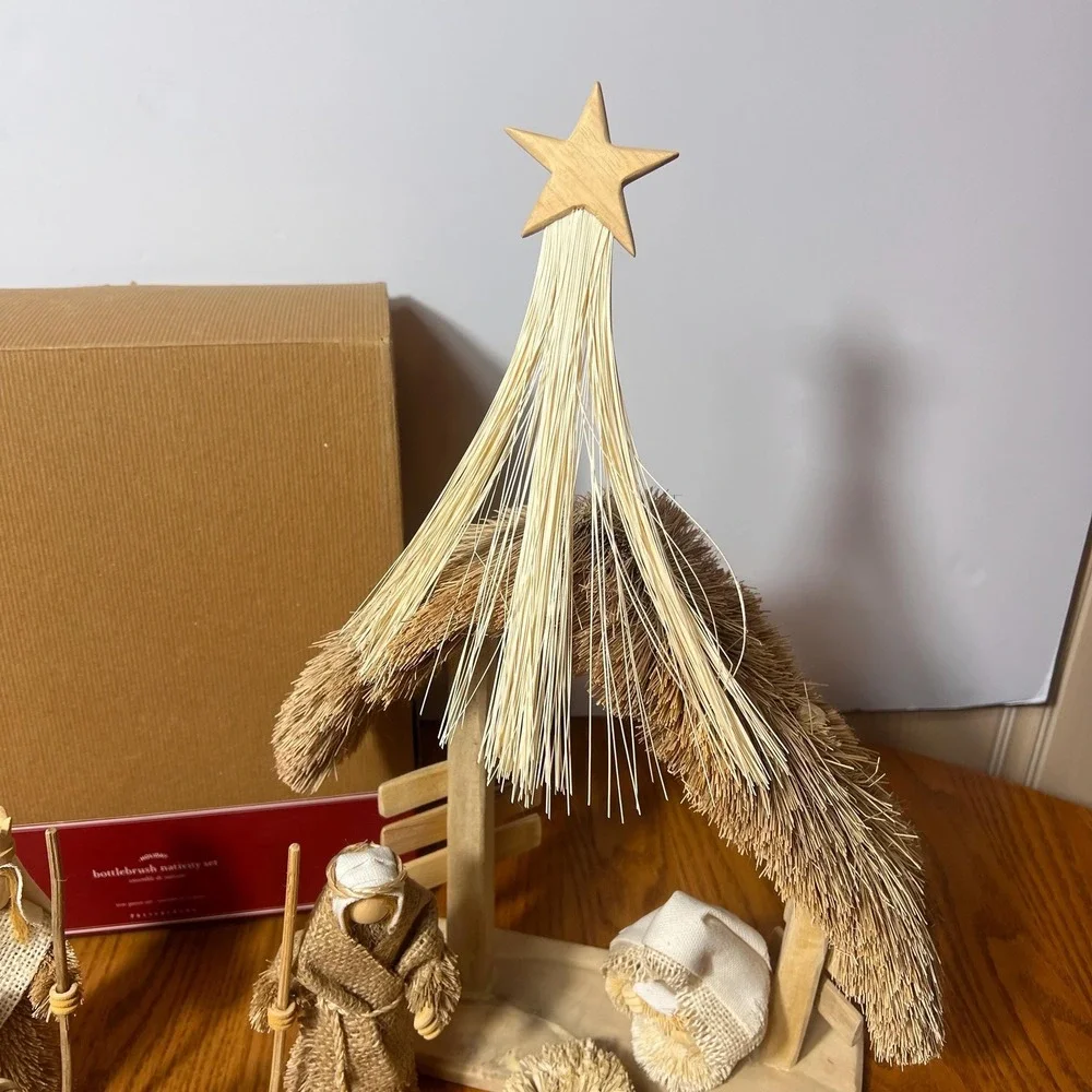 Pottery Barn Bottle Brush Nativity Set Complete 10 Pc w Box Christmas Decor